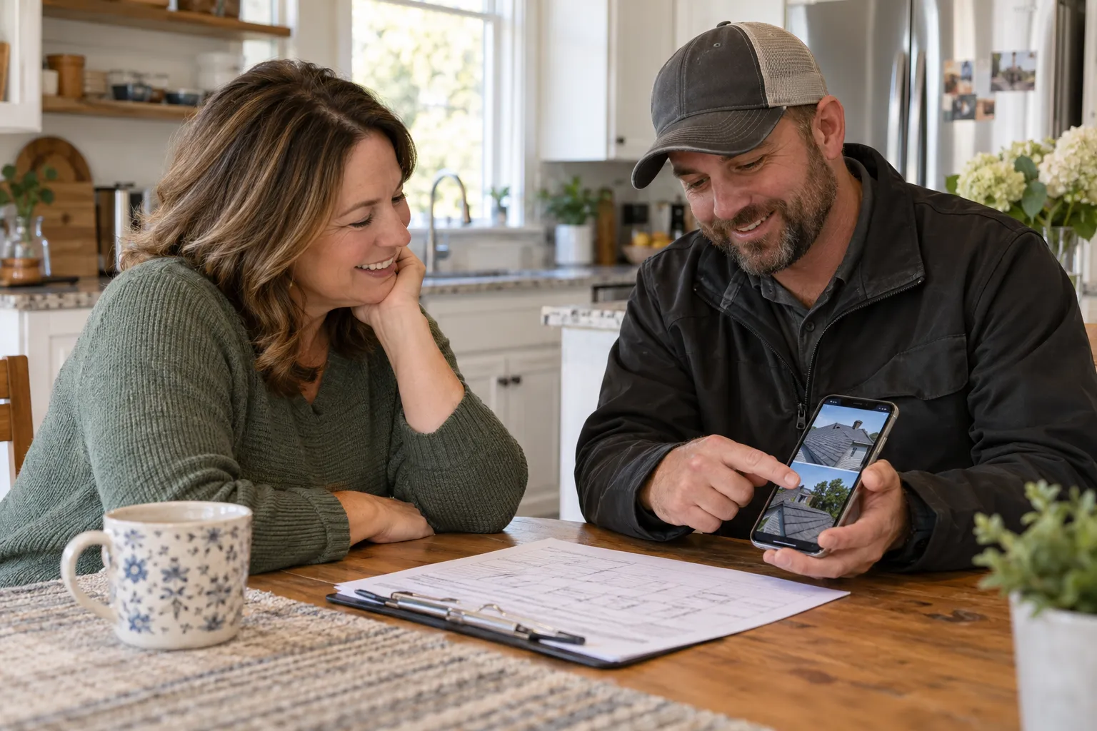 A homeowner reviewing roof photos with a provider in the Treasure Island area